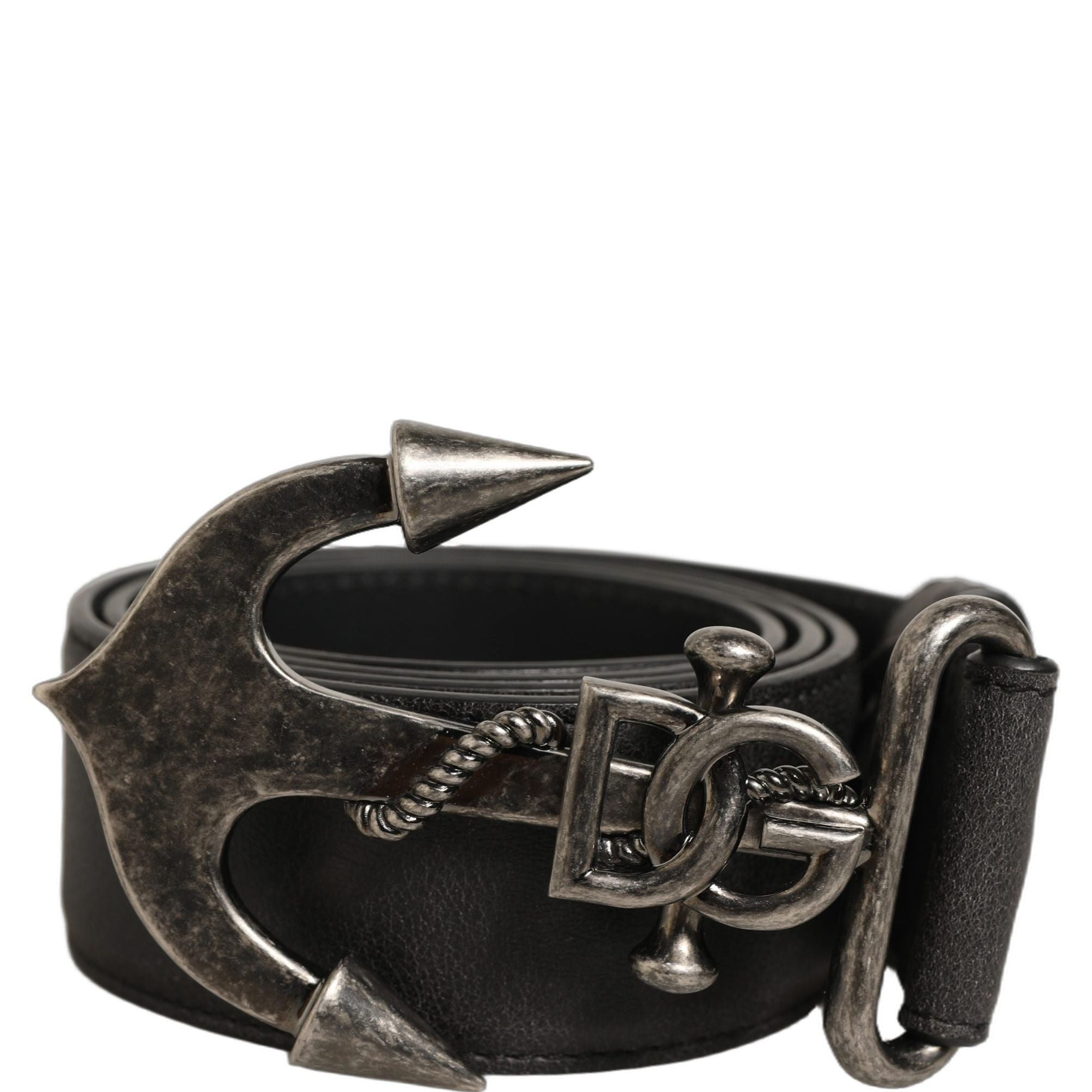 Dolce & Gabbana Black Leather Anchor Logo Metal Buckle Belt