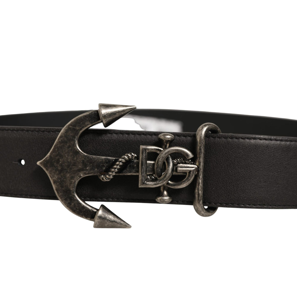 Dolce & Gabbana Black Leather Anchor Logo Metal Buckle Belt