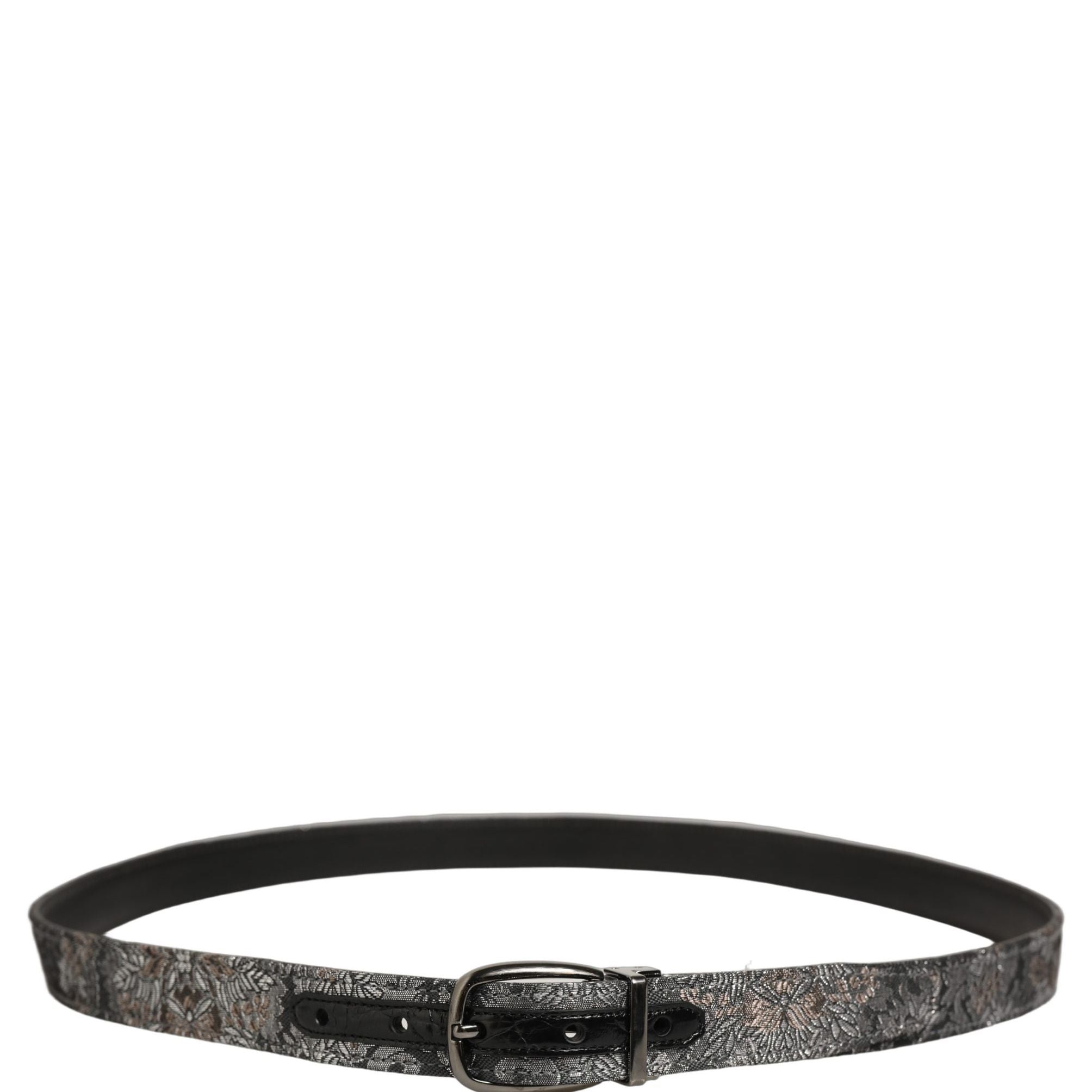 Dolce & Gabbana Silver Black Floral Jacquard Metal Buckle Belt