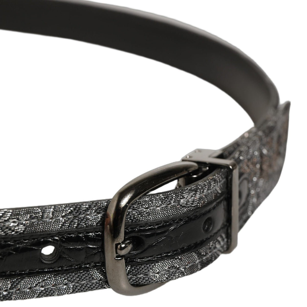 Dolce & Gabbana Silver Black Floral Jacquard Metal Buckle Belt