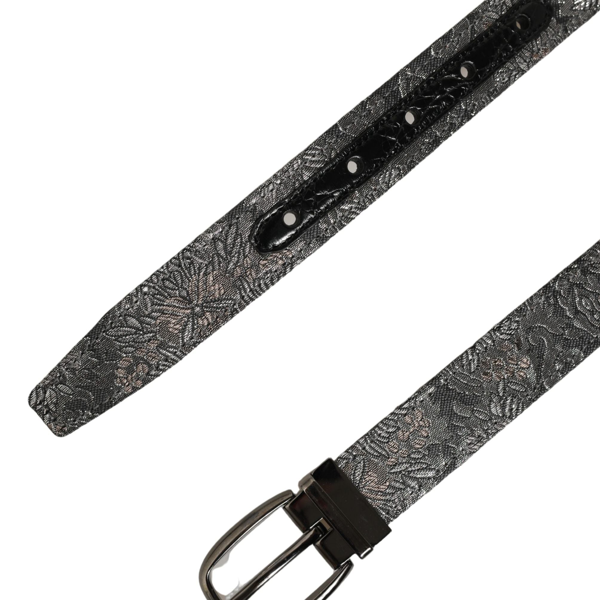 Dolce & Gabbana Silver Black Floral Jacquard Metal Buckle Belt