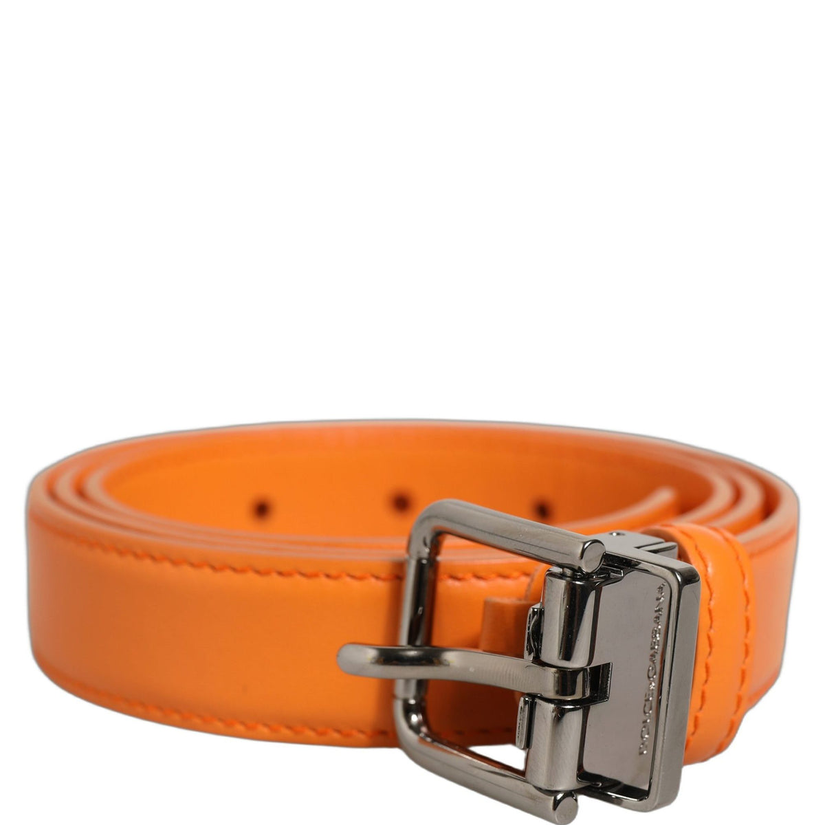 Dolce & Gabbana Orange Leather Silver Tone Metal Buckle Belt