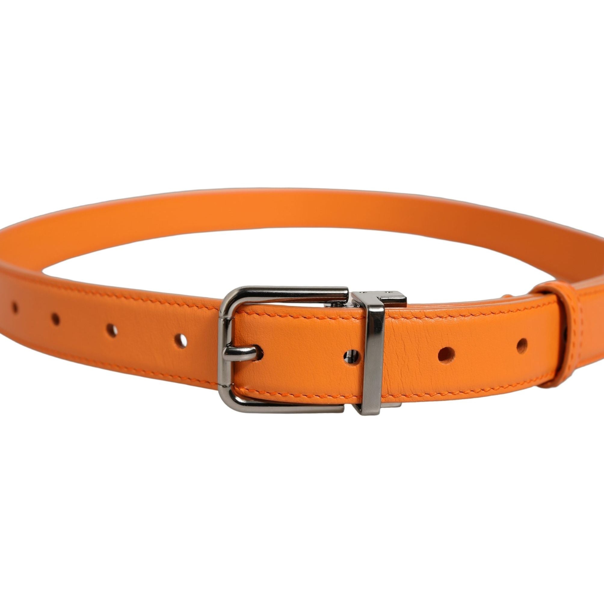 Dolce & Gabbana Orange Leather Silver Tone Metal Buckle Belt