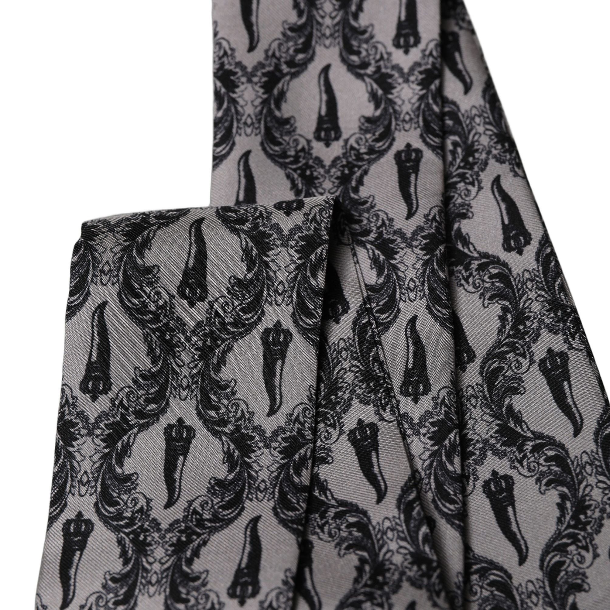 Dolce & Gabbana Gray Baroque Silk Fringed Skinny Foulard Scarf