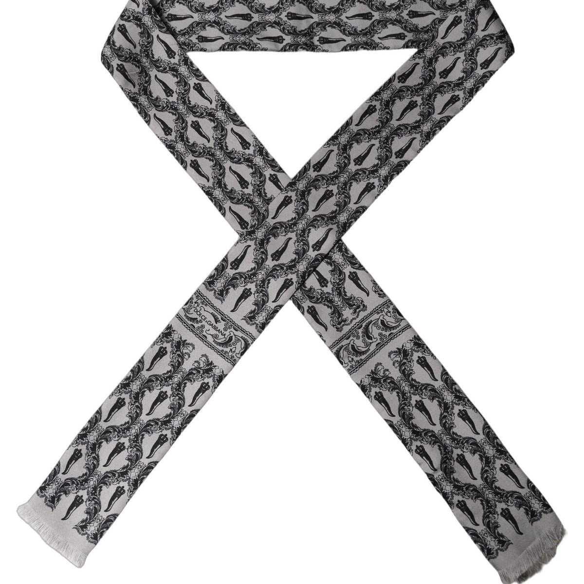 Dolce & Gabbana Gray Baroque Silk Fringed Skinny Foulard Scarf