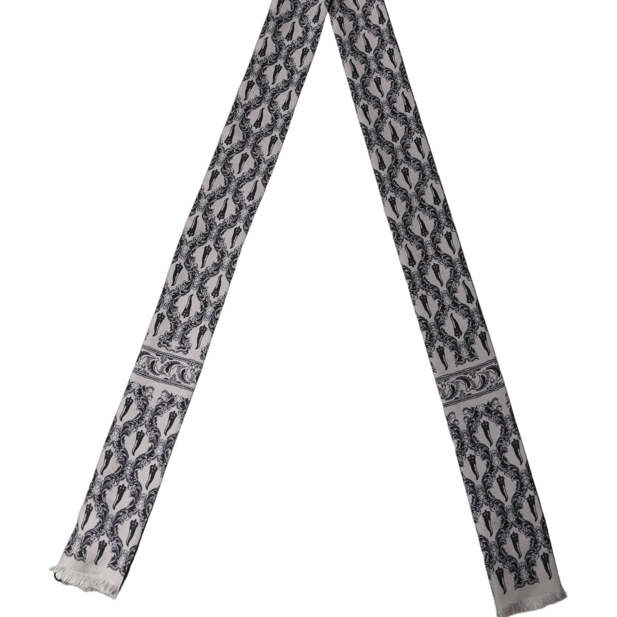 Dolce & Gabbana Gray Baroque Silk Fringed Skinny Foulard Scarf