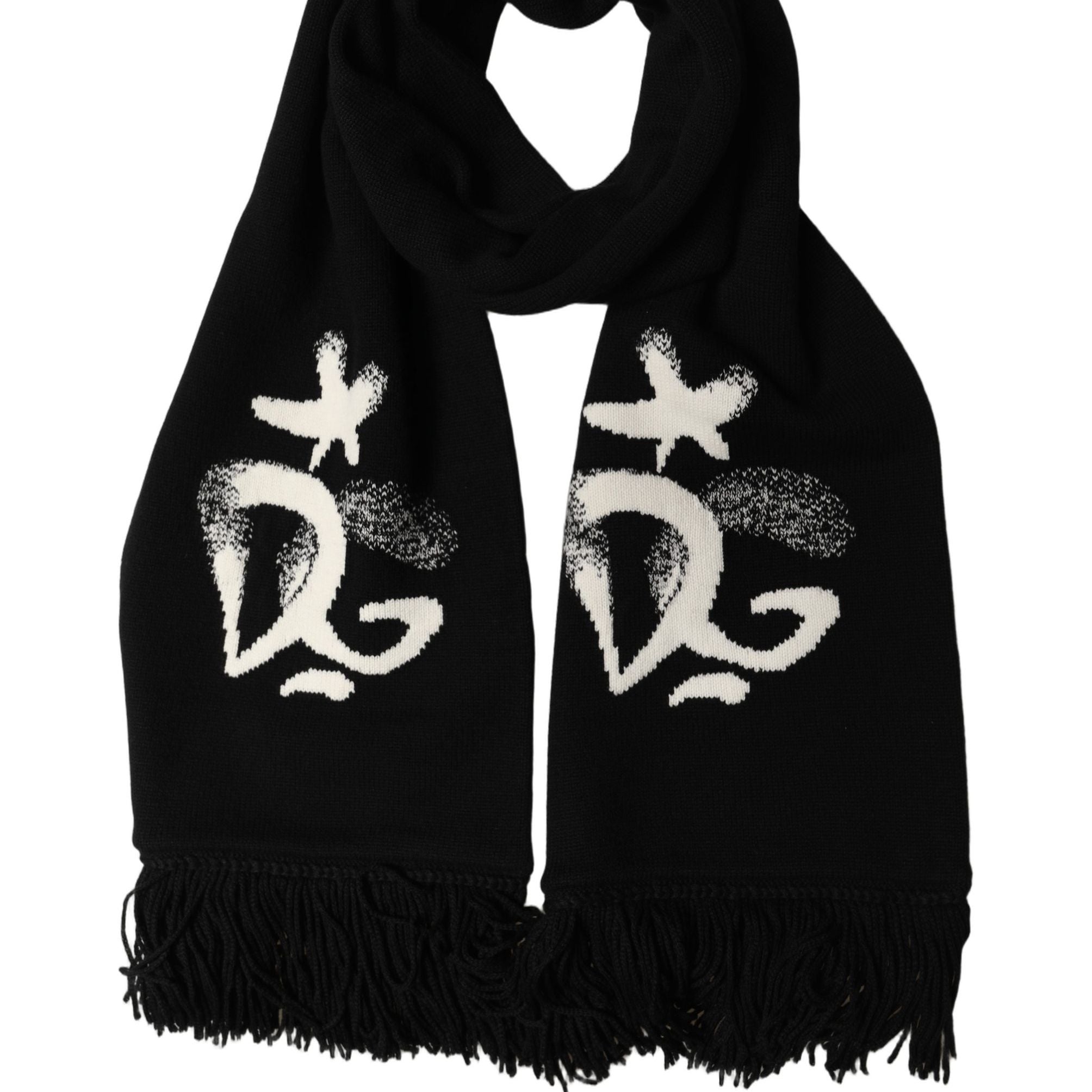 Dolce & Gabbana Black Cashmere Knitted Fringed Foulard Scarf