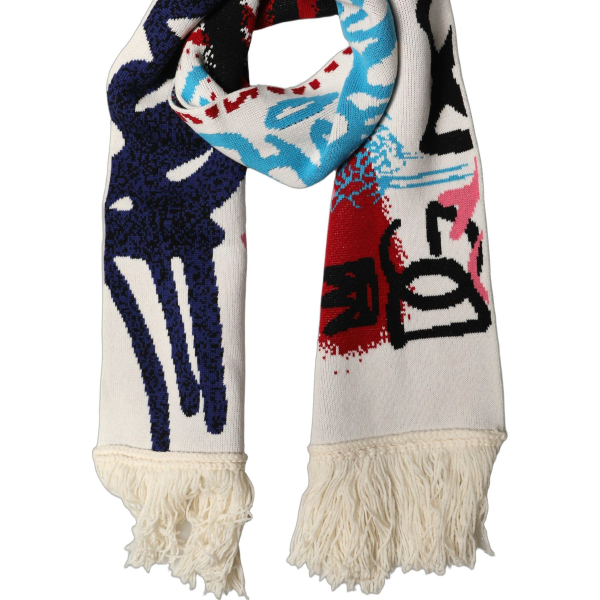 Dolce & Gabbana White Graphic Cashmere Fringed Shawl Scarf