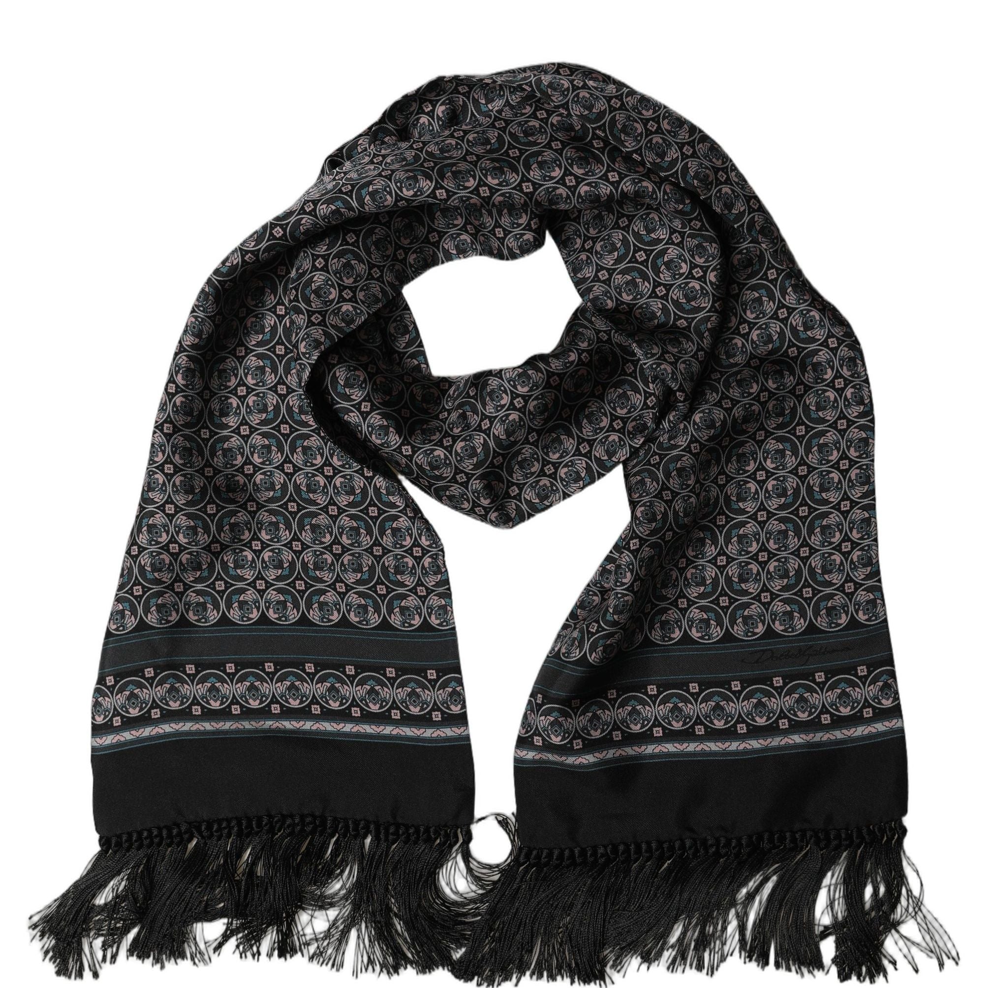 Dolce & Gabbana Black Silk Geometric Fringed Neck Shawl Scarf