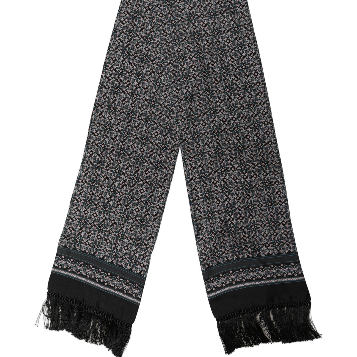 Dolce & Gabbana Black Silk Geometric Fringed Neck Shawl Scarf