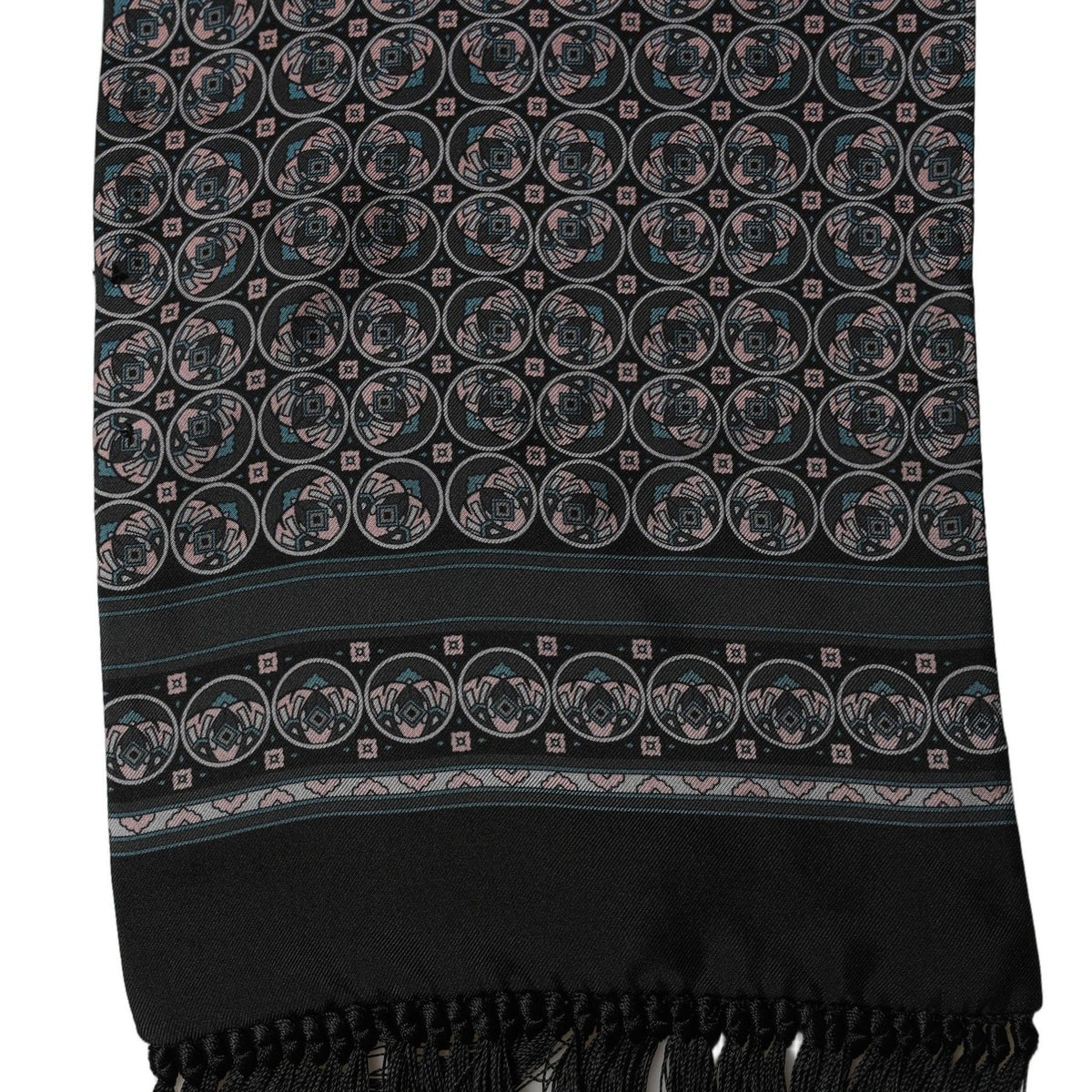 Dolce & Gabbana Black Silk Geometric Fringed Neck Shawl Scarf