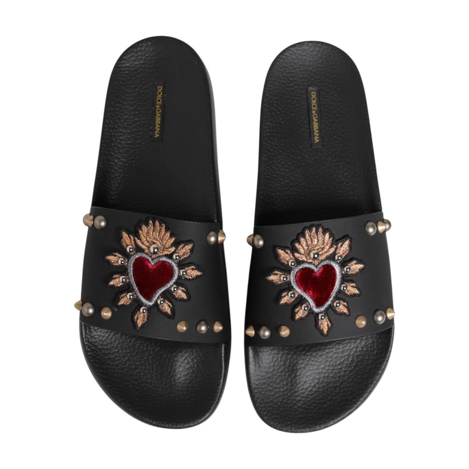 Dolce & Gabbana Black Heart Patch Rubber Calfskin Slippers Shoes