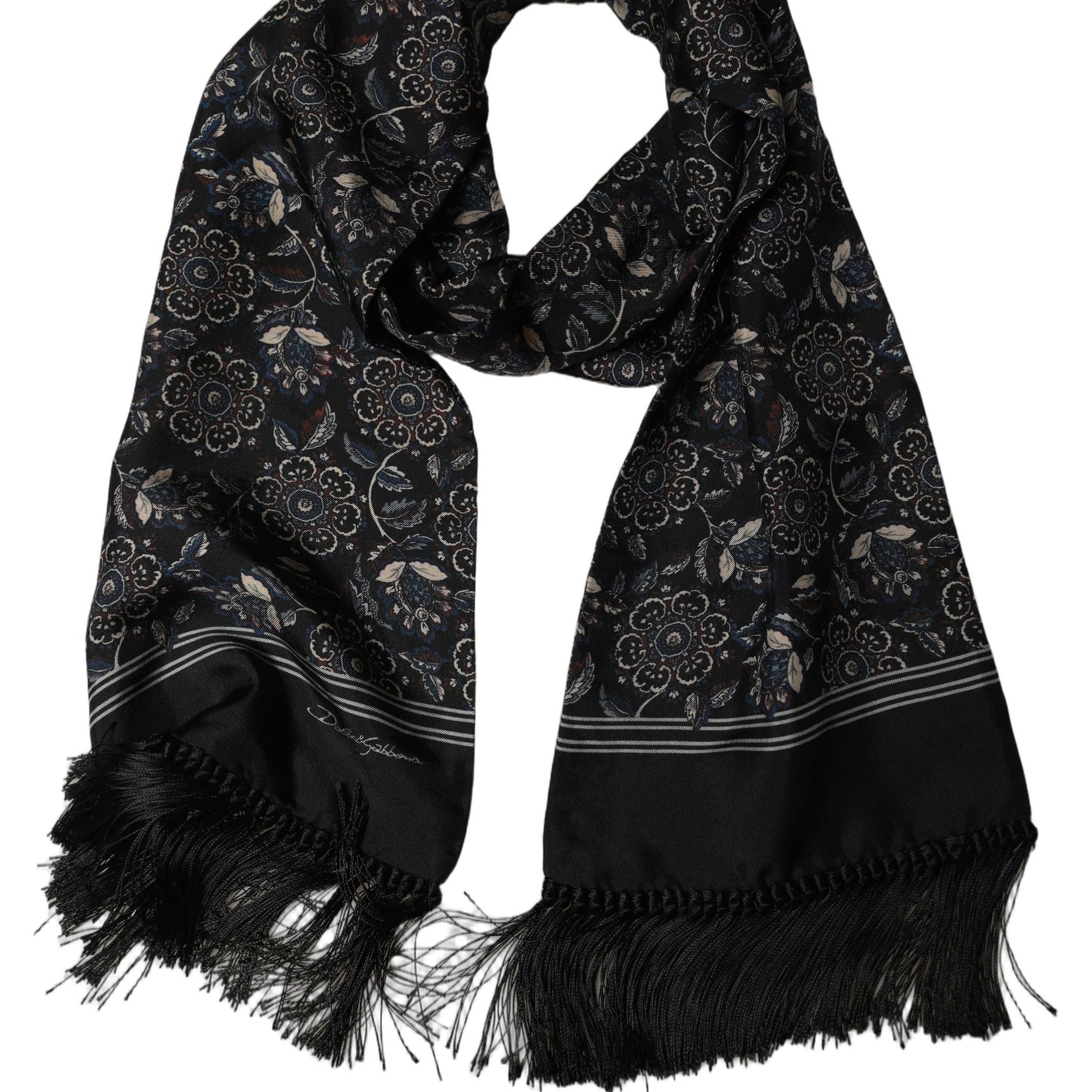 Dolce & Gabbana Black Silk Floral Paisley Fringed Shawl Scarf