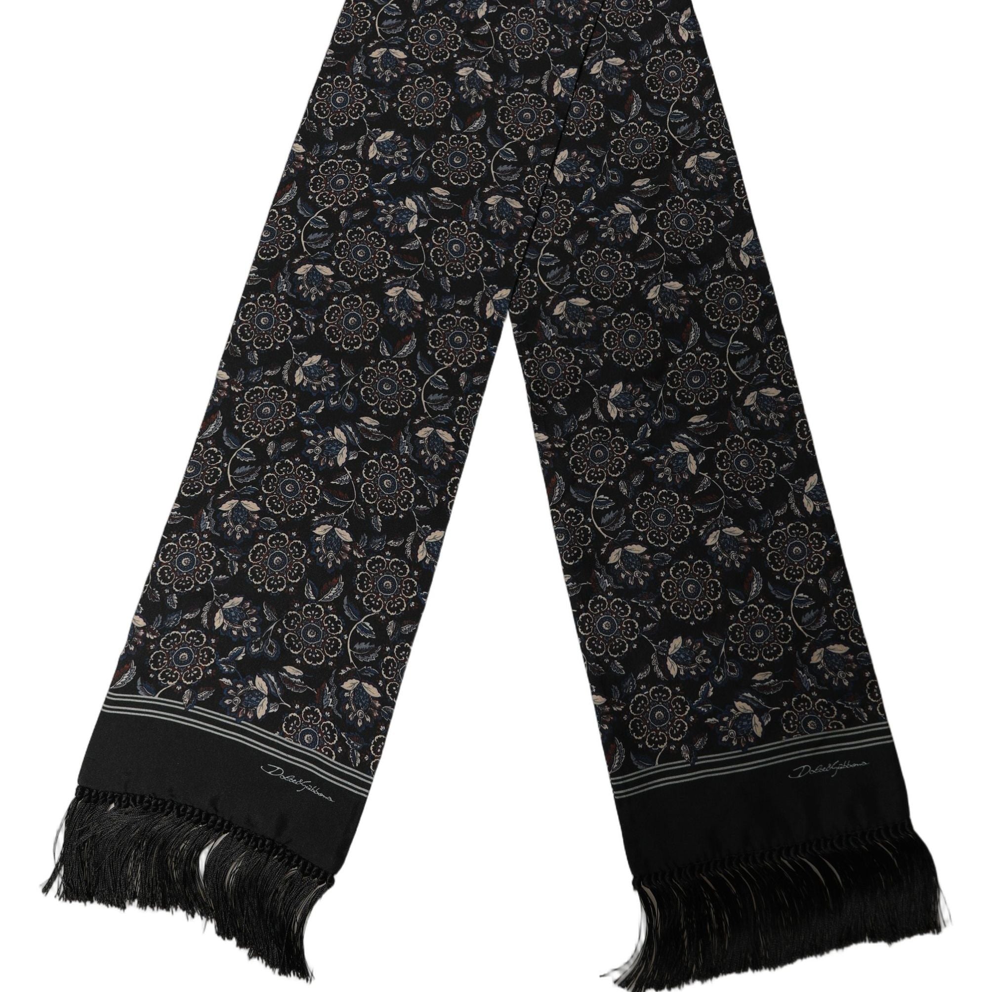 Dolce & Gabbana Black Silk Floral Paisley Fringed Shawl Scarf