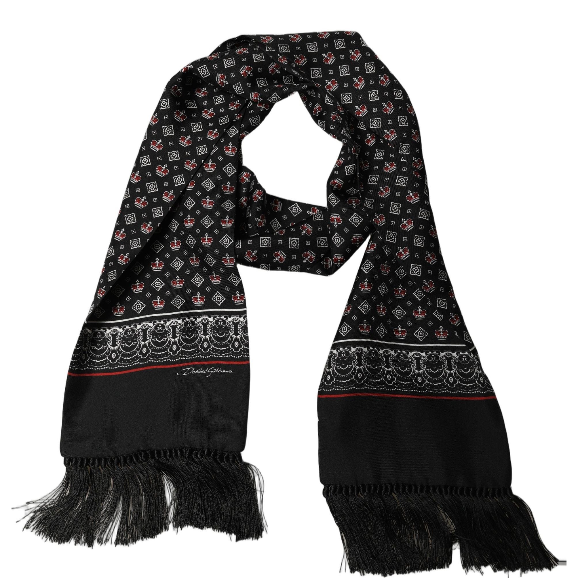 Dolce & Gabbana Black Silk Crown Fringed Neck Shawl Scarf