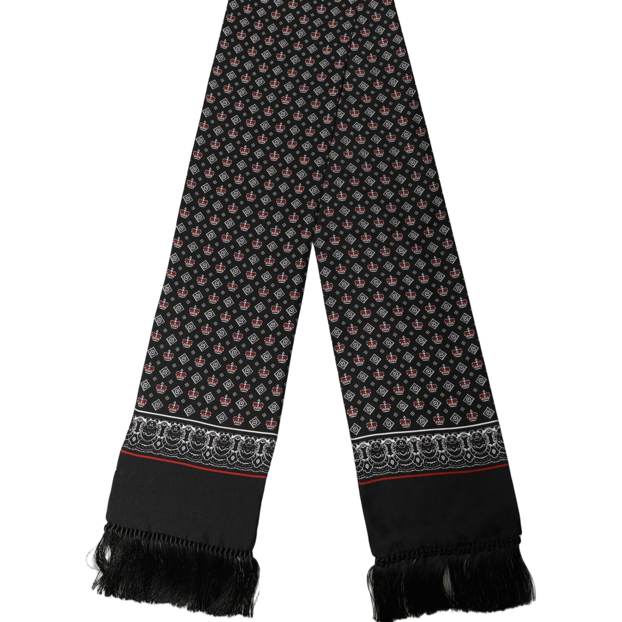 Dolce & Gabbana Black Silk Crown Fringed Neck Shawl Scarf