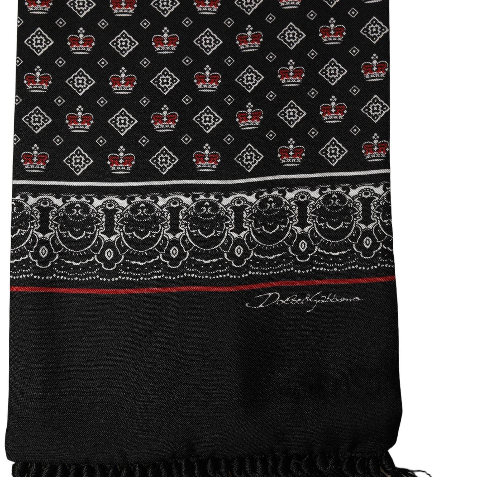 Dolce & Gabbana Black Silk Crown Fringed Neck Shawl Scarf