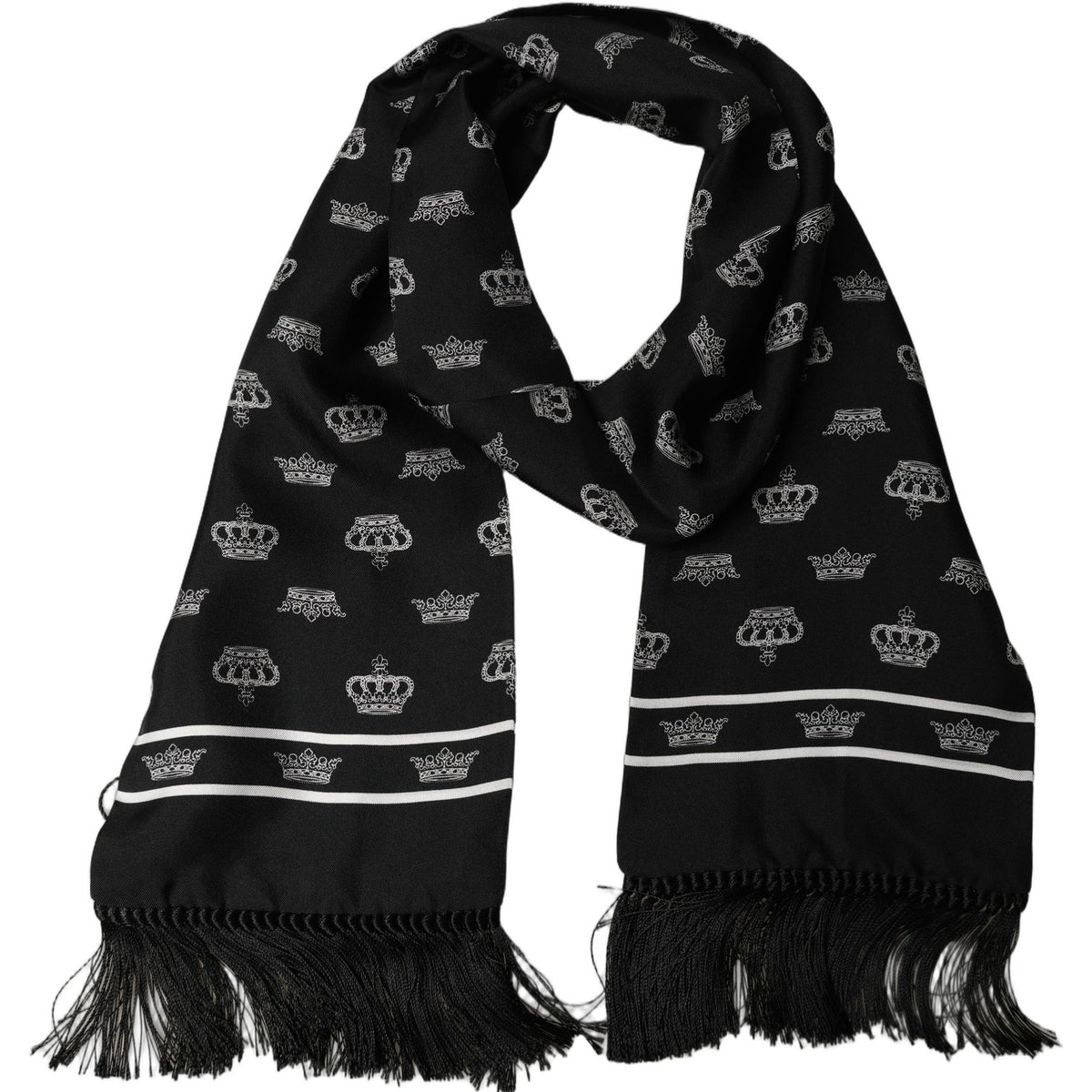 Dolce & Gabbana Black Silk Crown Fringed Neck Shawl Scarf