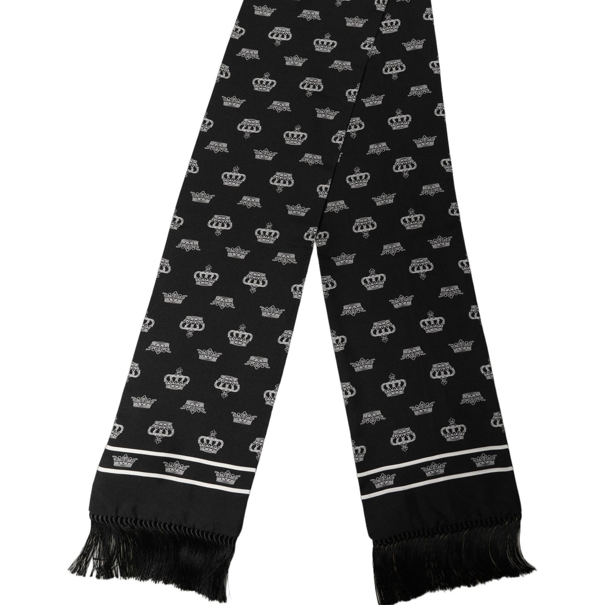Dolce & Gabbana Black Silk Crown Fringed Neck Shawl Scarf