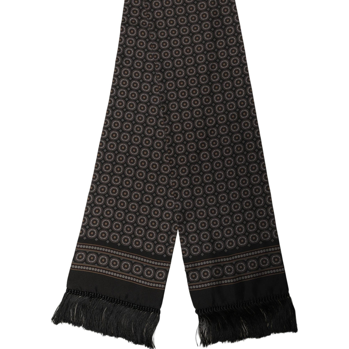 Dolce & Gabbana Black Silk Geometric Fringed Neck Shawl Scarf