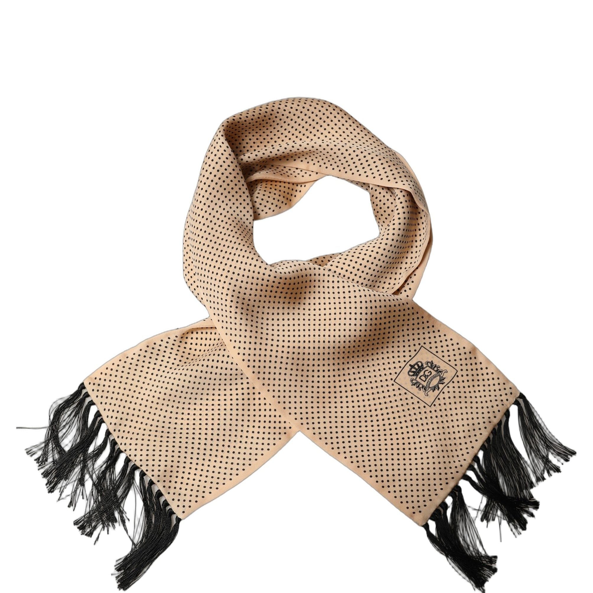 Dolce & Gabbana Beige Silk Dotted Fringed Neck Shawl Scarf