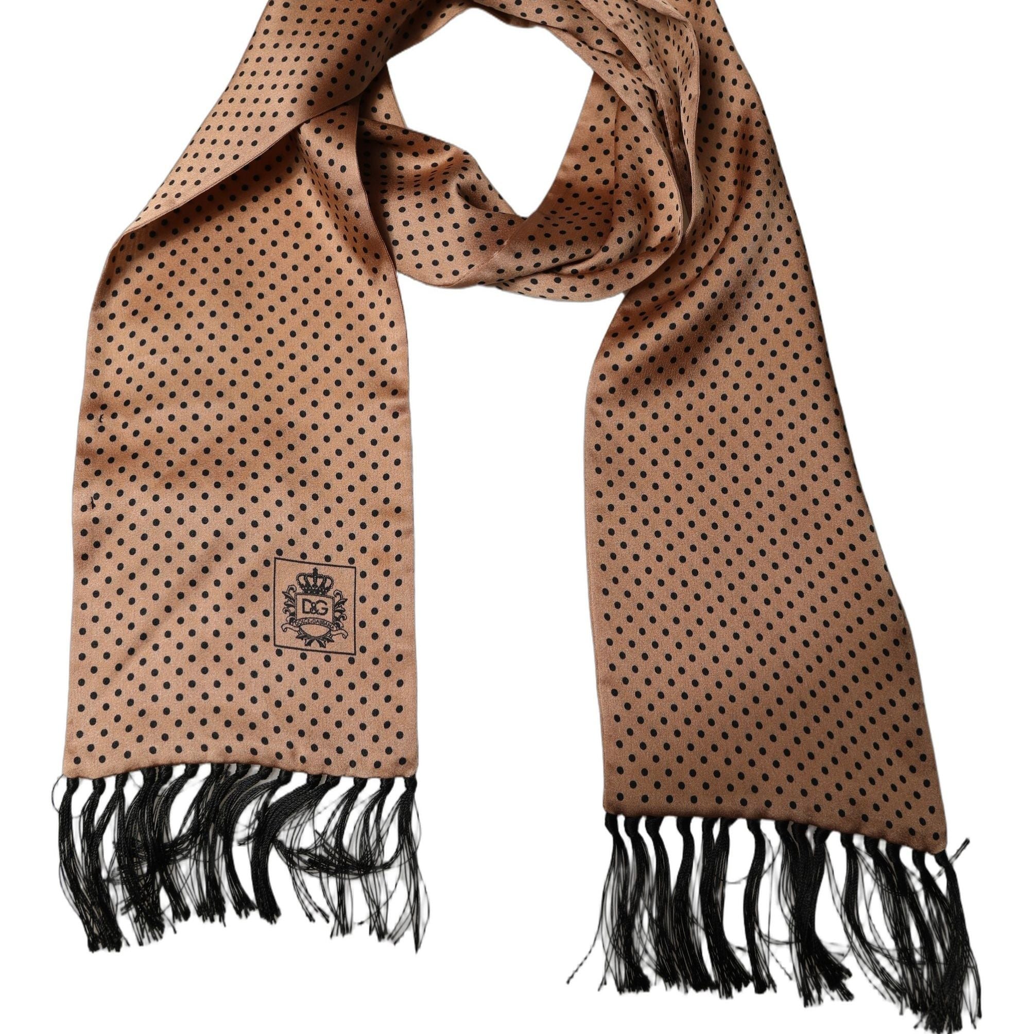Dolce & Gabbana Brown Silk Dotted Fringed Neck Shawl Scarf