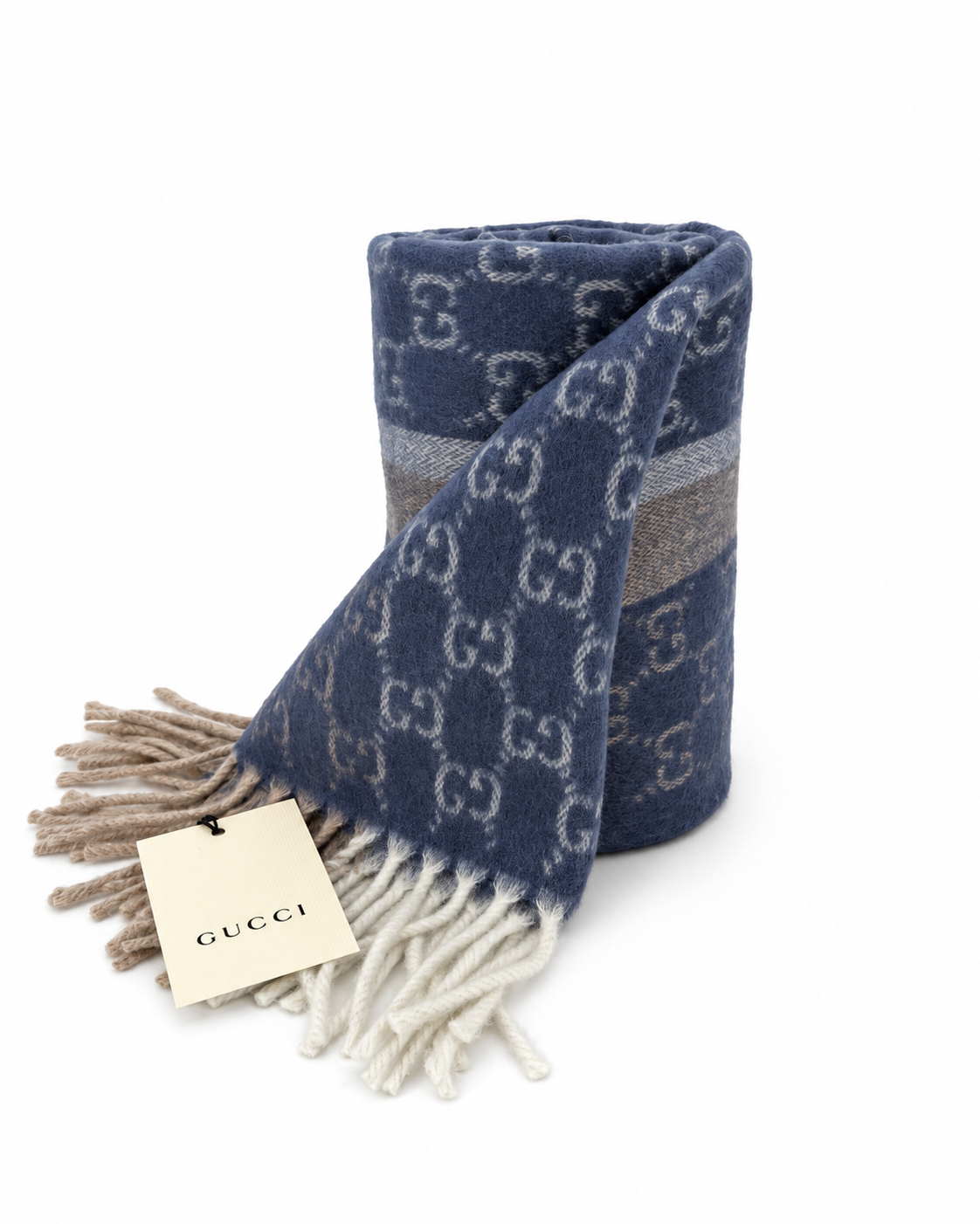 Gucci Monogram Blue Cashmere & Wool Scarf with Beige & Cream Fringe