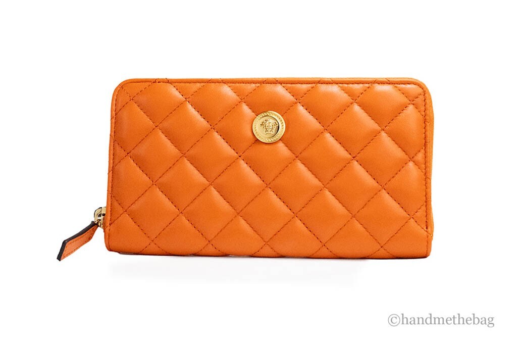 Versace Large Dark Orange Quilted Smooth Leather Continental Clutch Zip Wallet