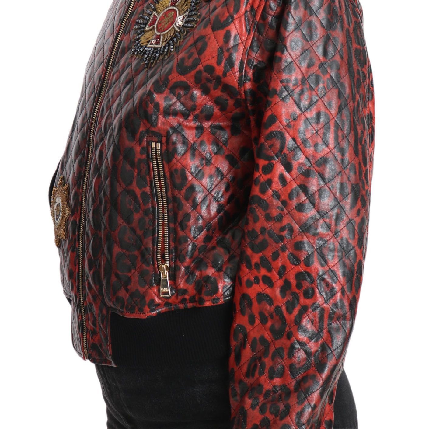 Dolce & Gabbana Red Leopard Button Crystal Leather Jacket