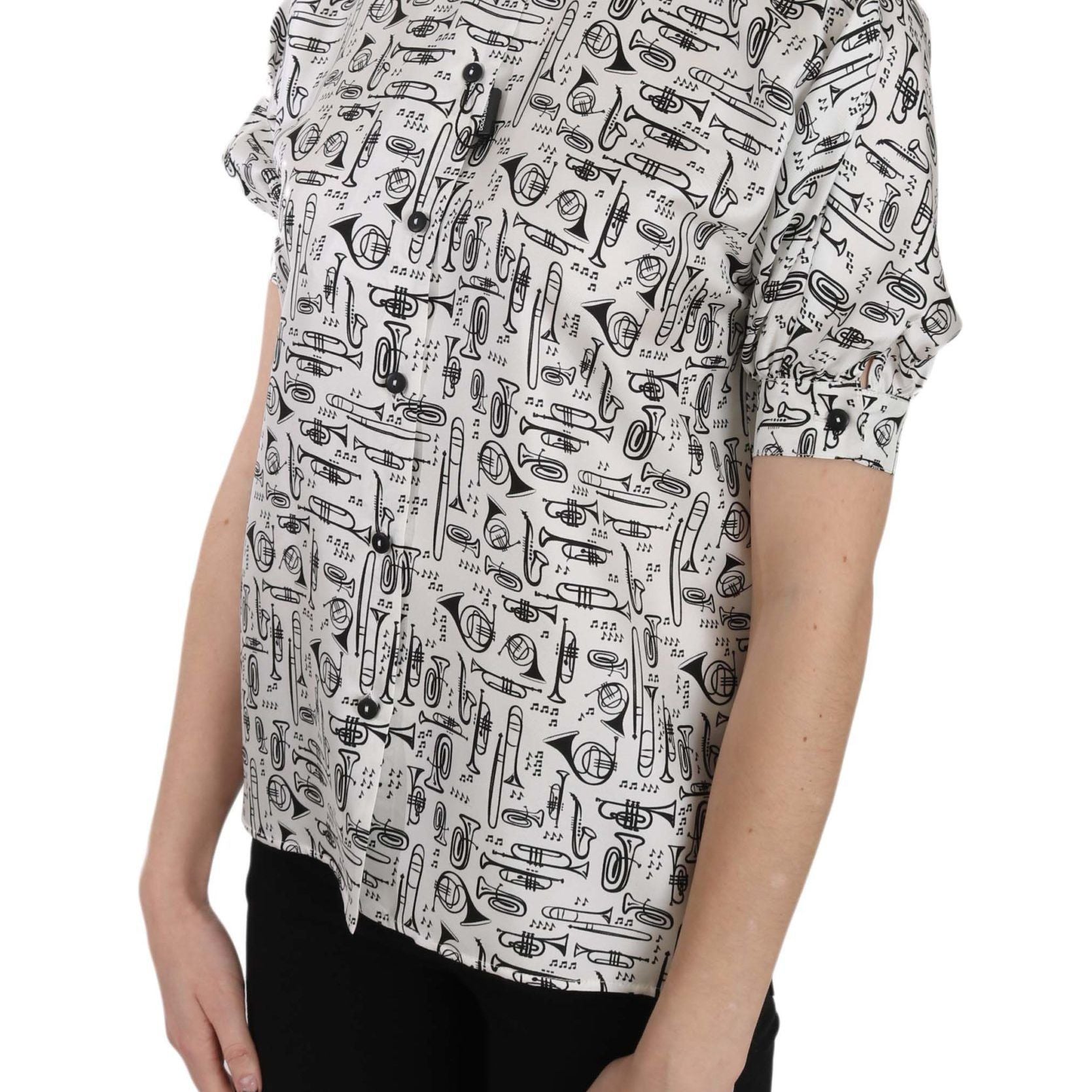 Dolce & Gabbana Trumpet Print Button Front Silk Top Blouse