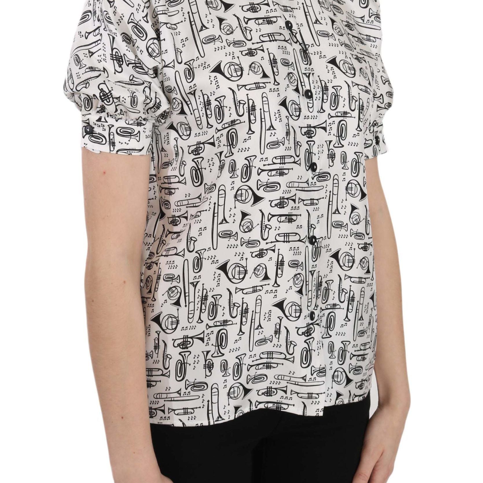Dolce & Gabbana Trumpet Print Button Front Silk Top Blouse