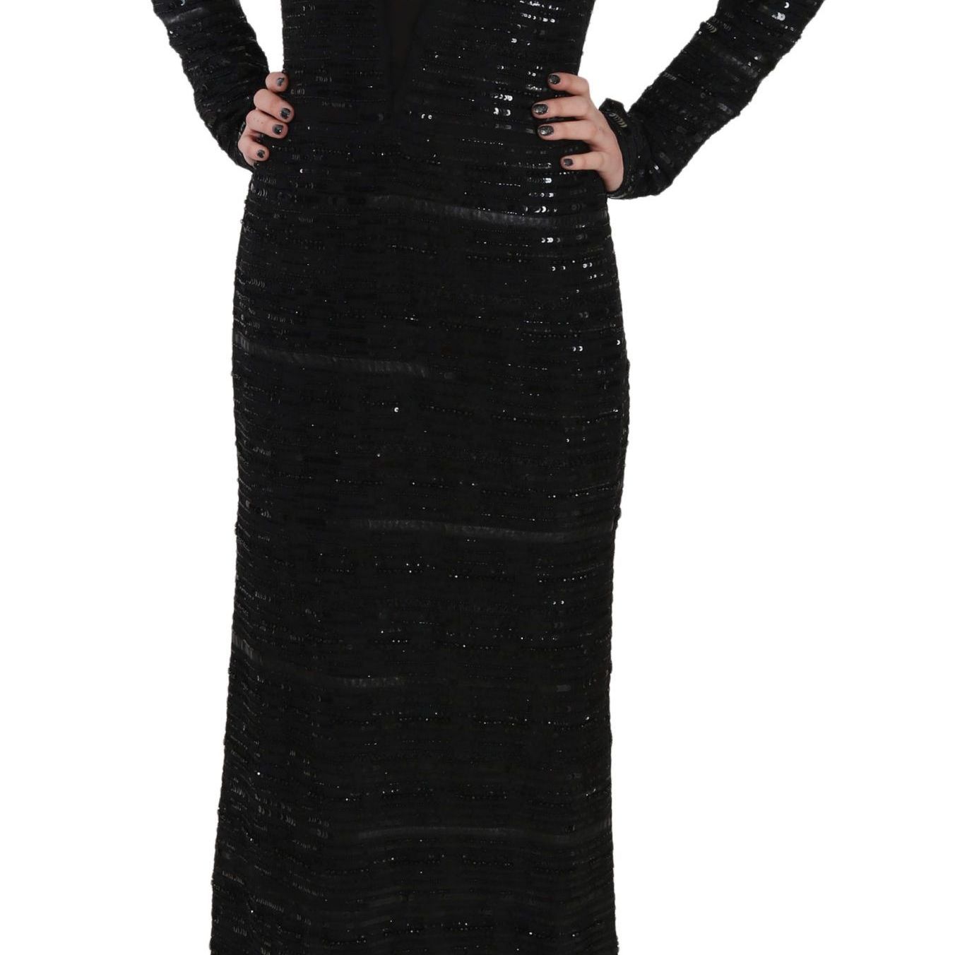 John Richmond Black Silk Full Length Sequined Gown Dress