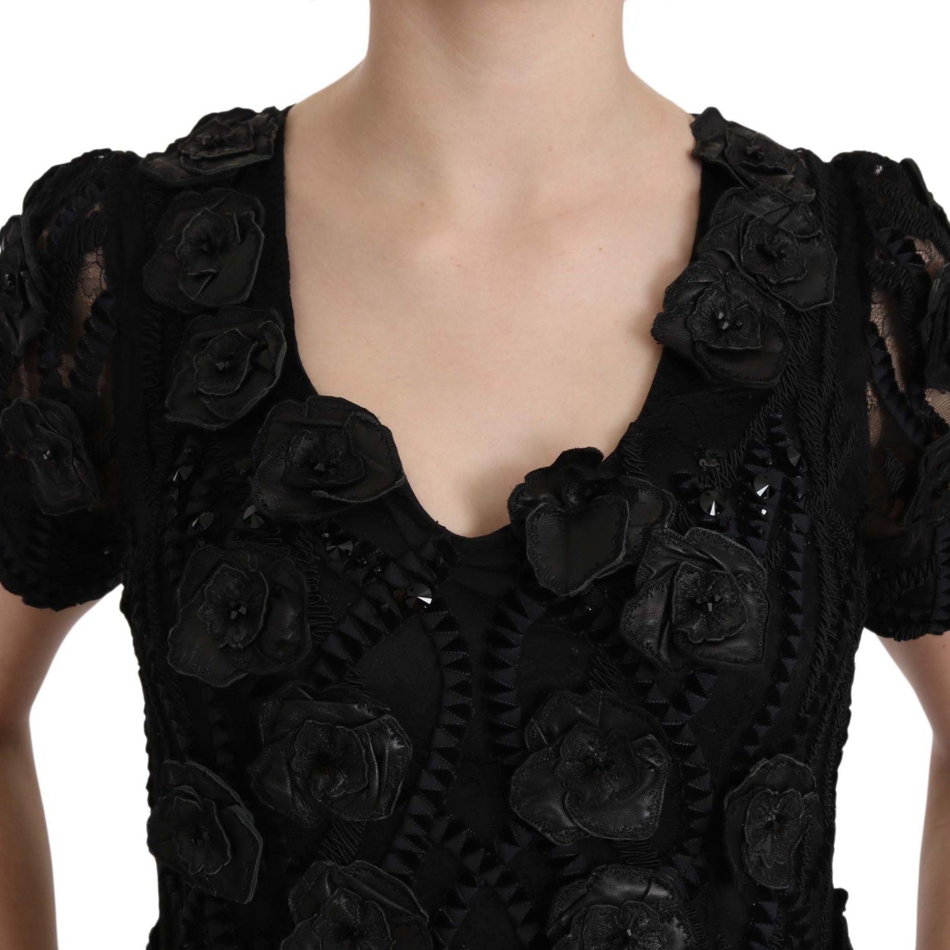 John Richmond Black Silk Leather Flowers Sheath Dress