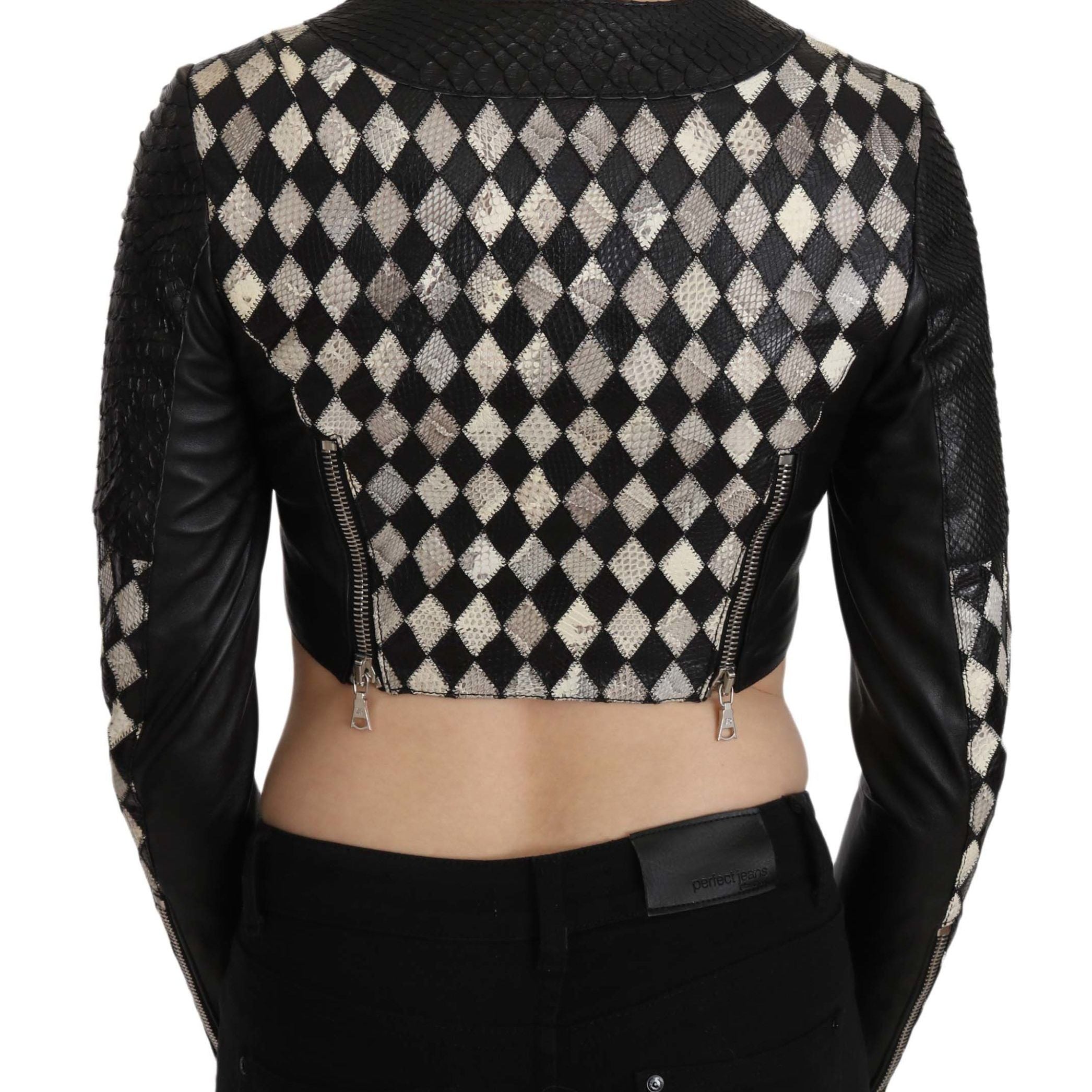 John Richmond Black White Leather Short Cropped Biker Jacket Coat