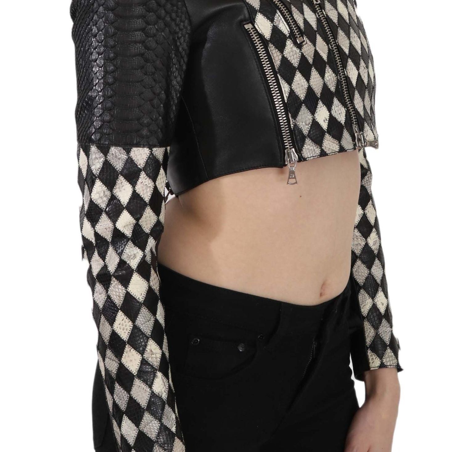 John Richmond Black White Leather Short Cropped Biker Jacket Coat