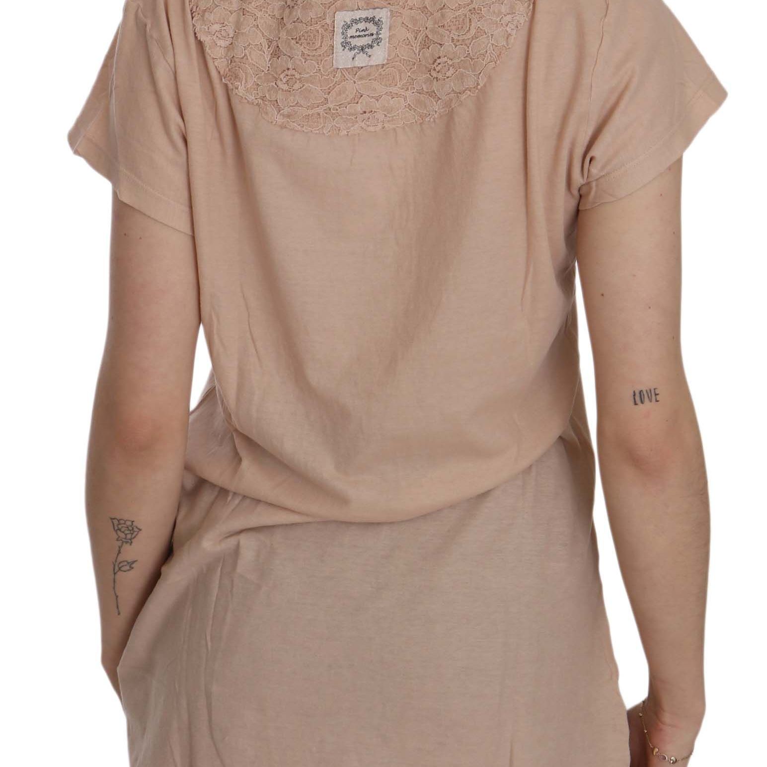 PINK MEMORIES Pink Cream Lace Short Sleeve Shirt Top Cotton Blouse