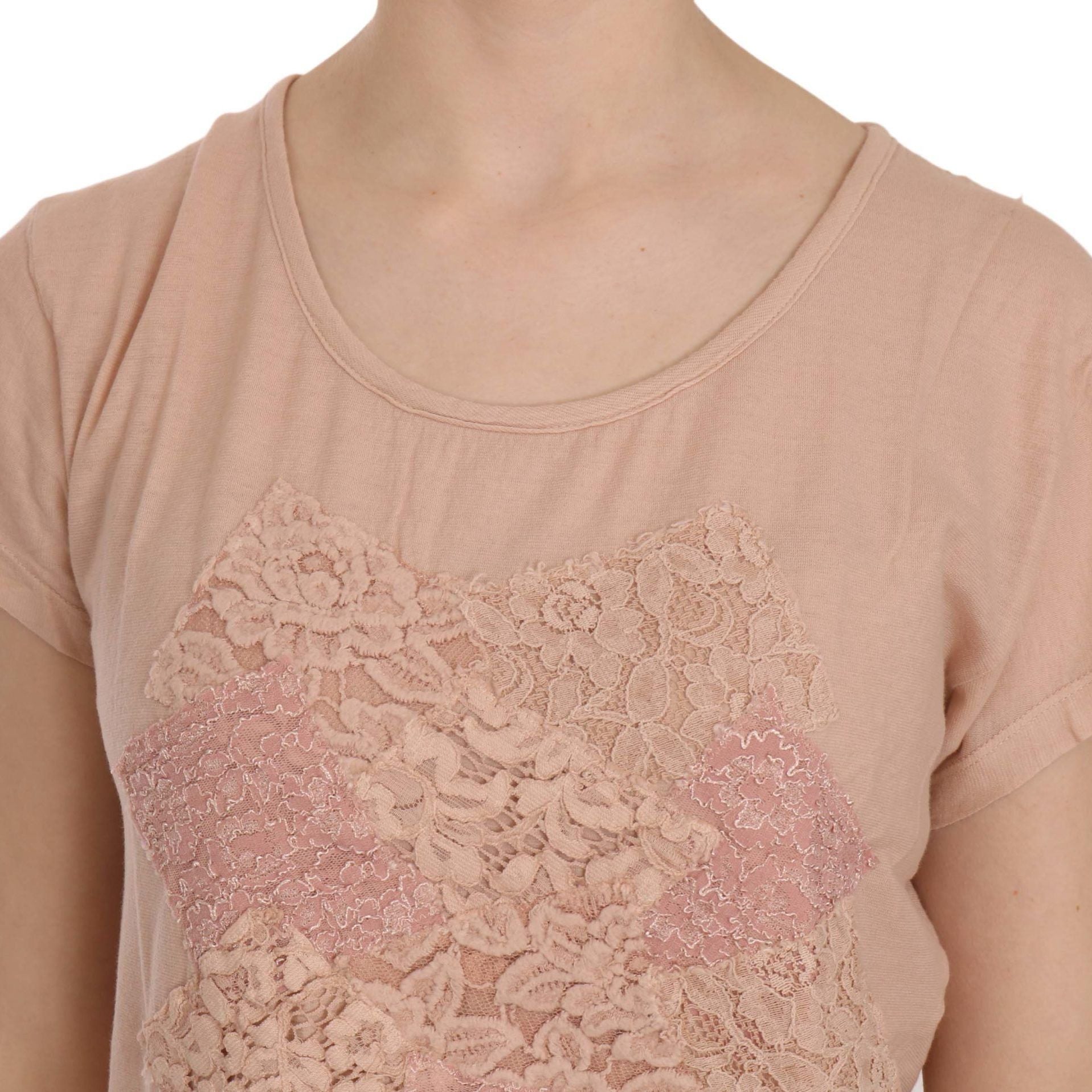PINK MEMORIES Pink Cream Lace Short Sleeve Shirt Top Cotton Blouse