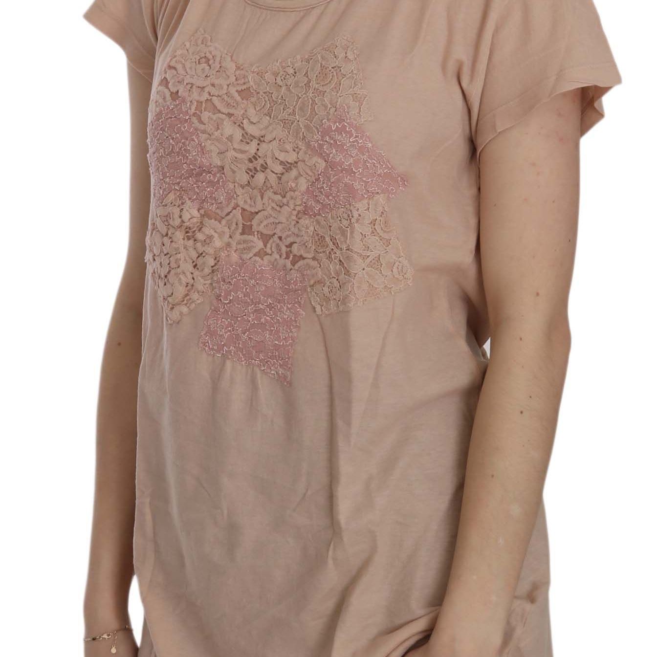 PINK MEMORIES Pink Cream Lace Short Sleeve Shirt Top Cotton Blouse