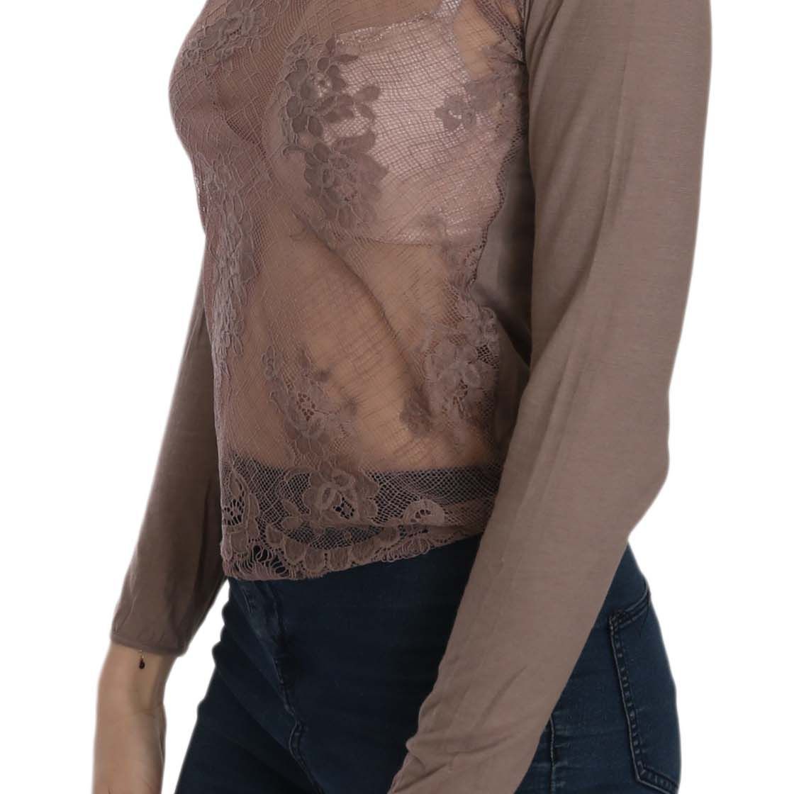 PINK MEMORIES Brown Lace See Through Long Sleeve Top