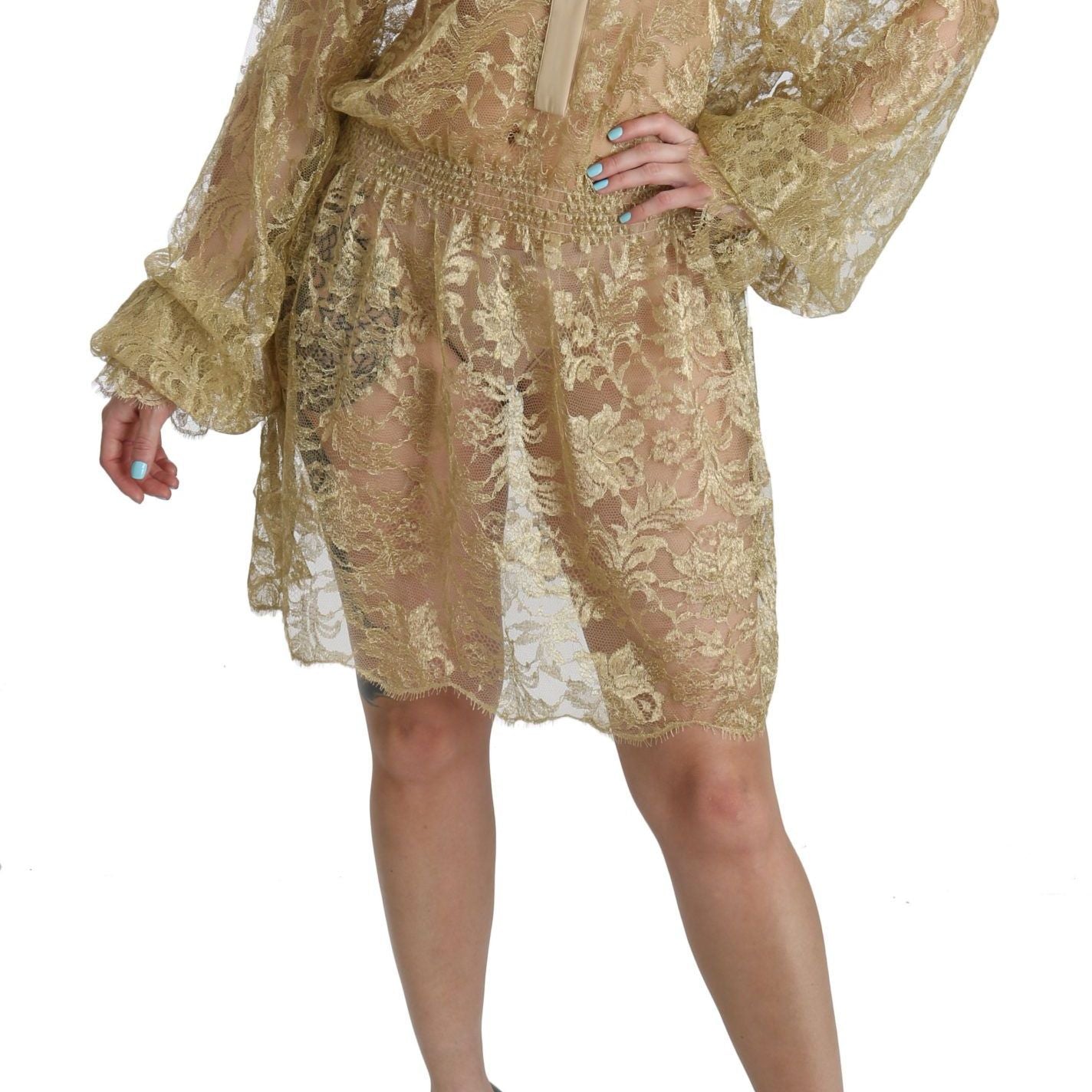 Dolce & Gabbana Gold Lace See Through A-Line Knee Length Dress