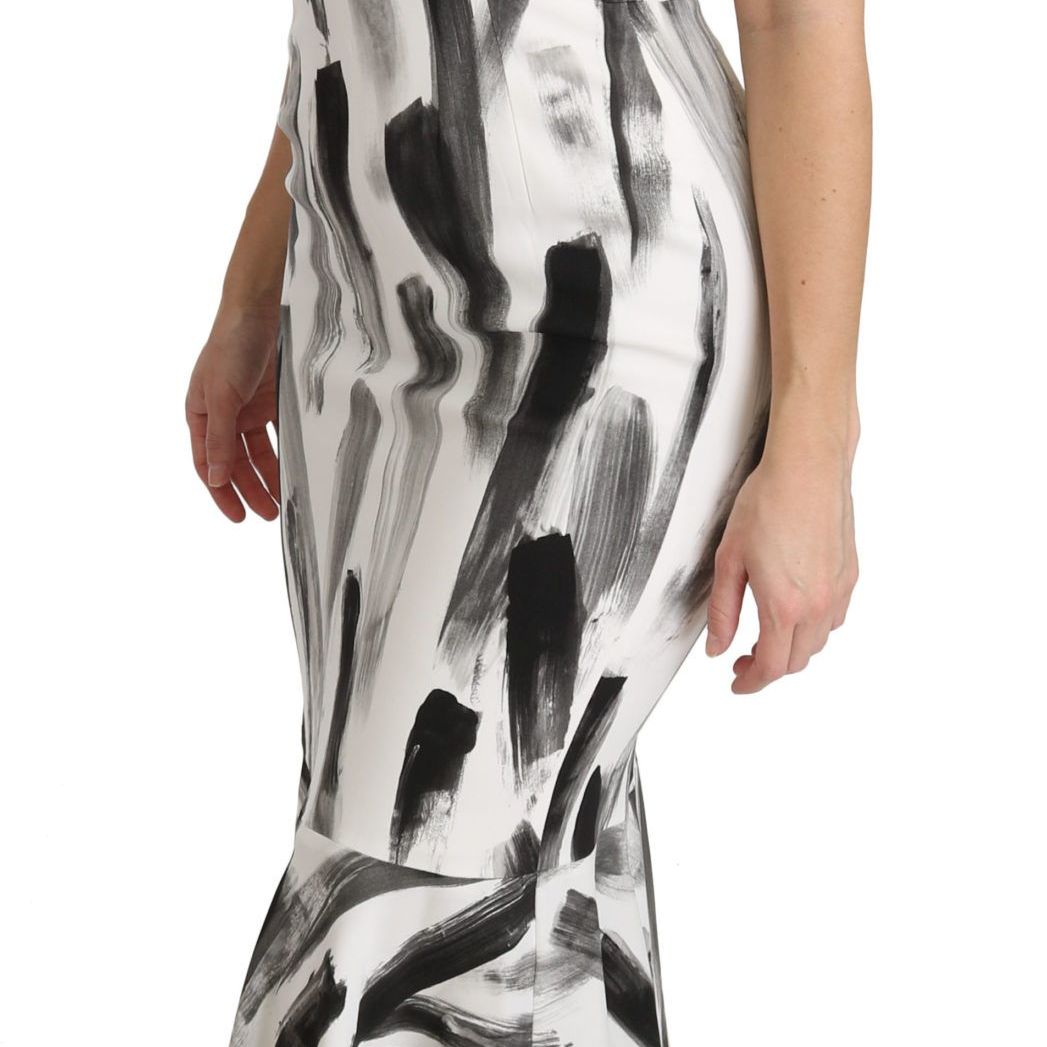 Dolce & Gabbana White Black Printed Sheath Midi Viscose Dress