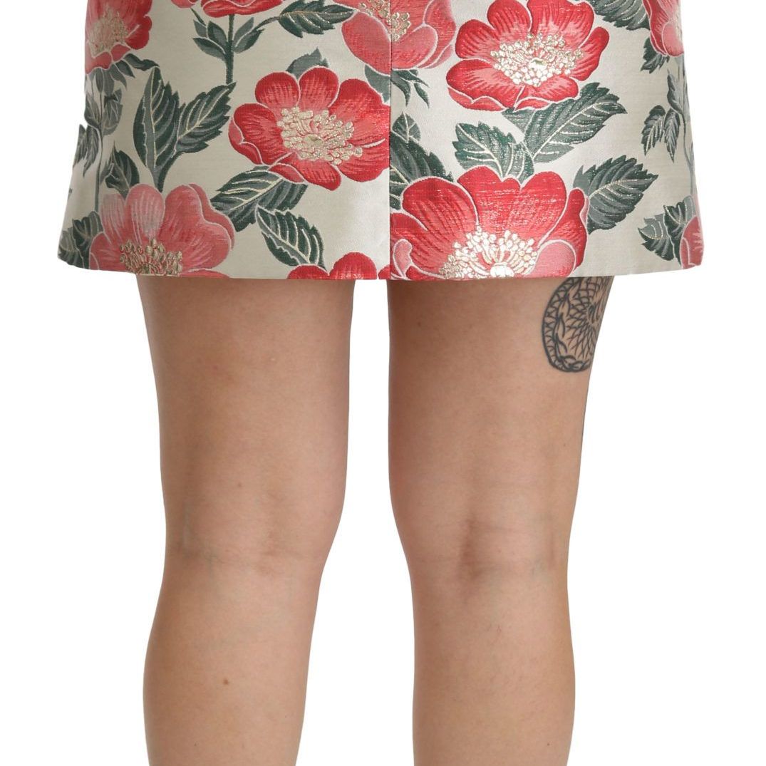 Dolce & Gabbana White Green Red Floral High Waist Mini Skirt