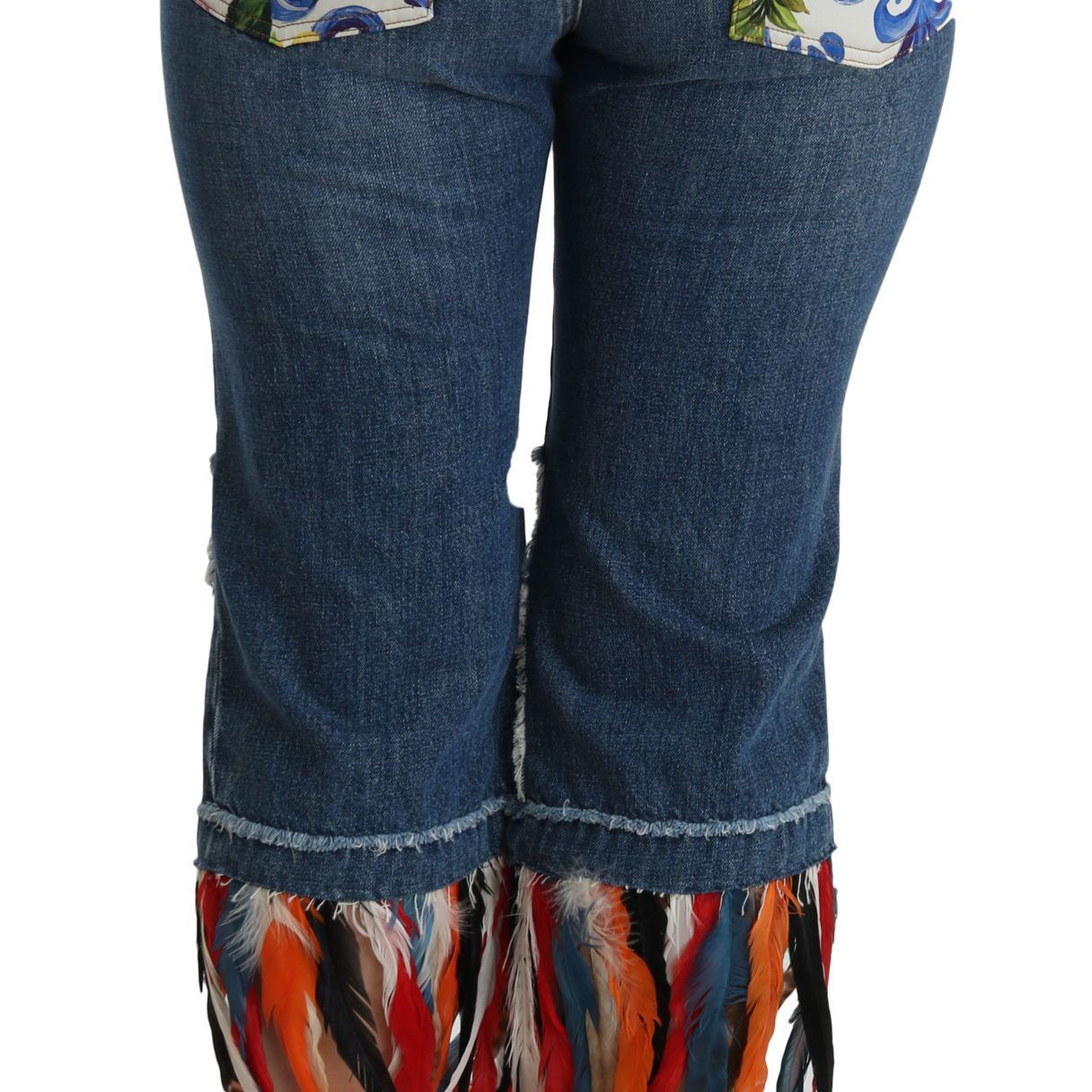 Dolce & Gabbana Blue Feathers Low Waist Cropped Cotton Jeans