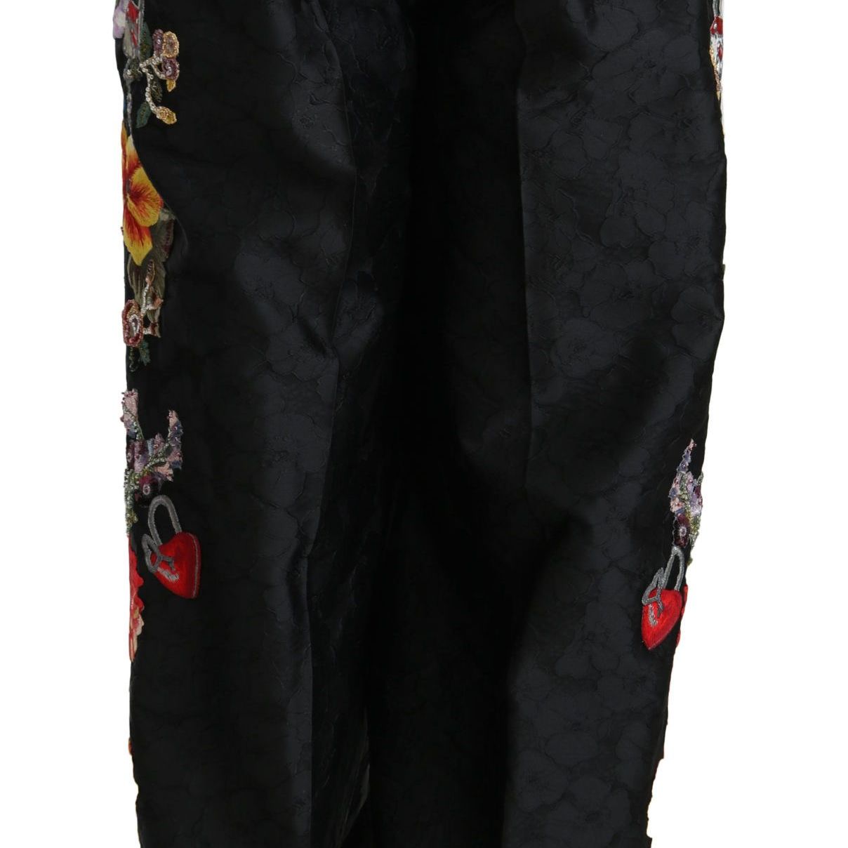 Dolce & Gabbana Black Brocade Floral Sequined Beaded Pants