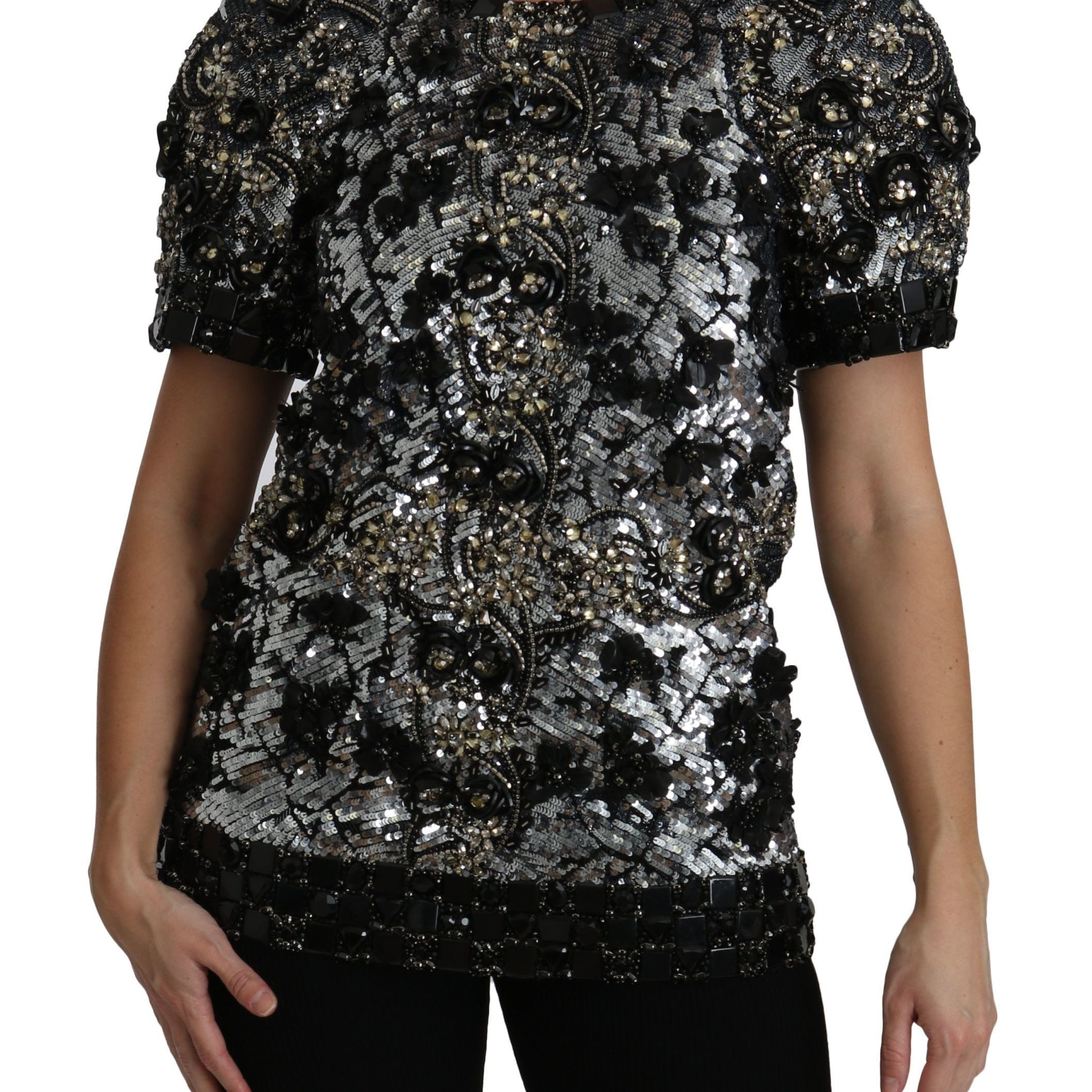 Dolce & Gabbana Black Sequined Crystal Embellished Top Blouse