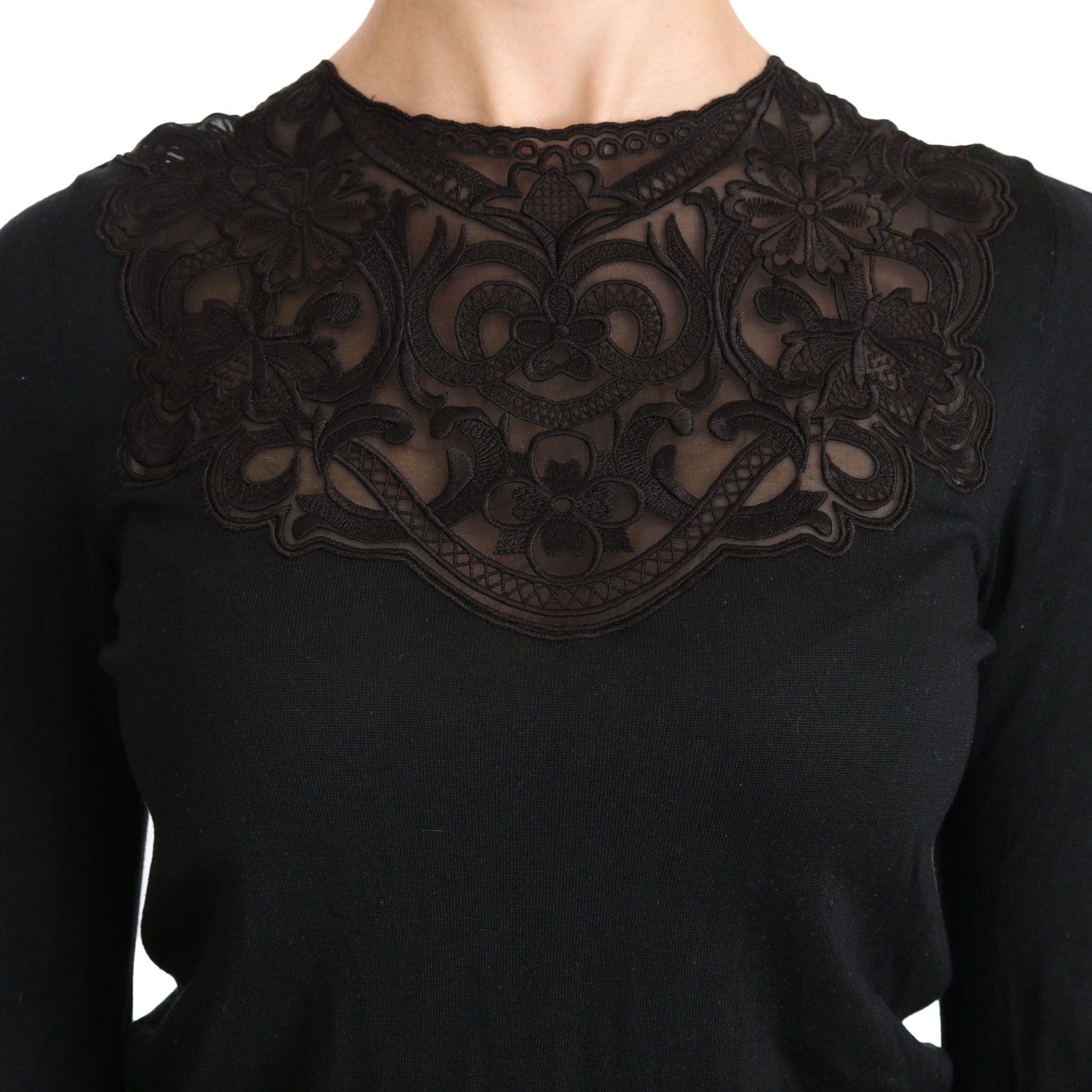 Dolce & Gabbana Black Silk Lace Crew Neck Long Sleeve Blouse