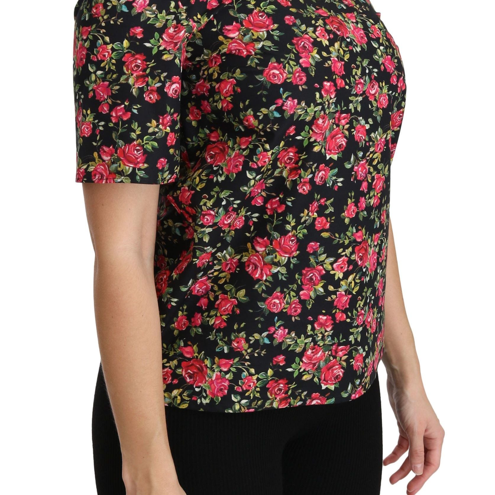 Dolce & Gabbana Black Floral Roses Short Sleeve Top Blouse