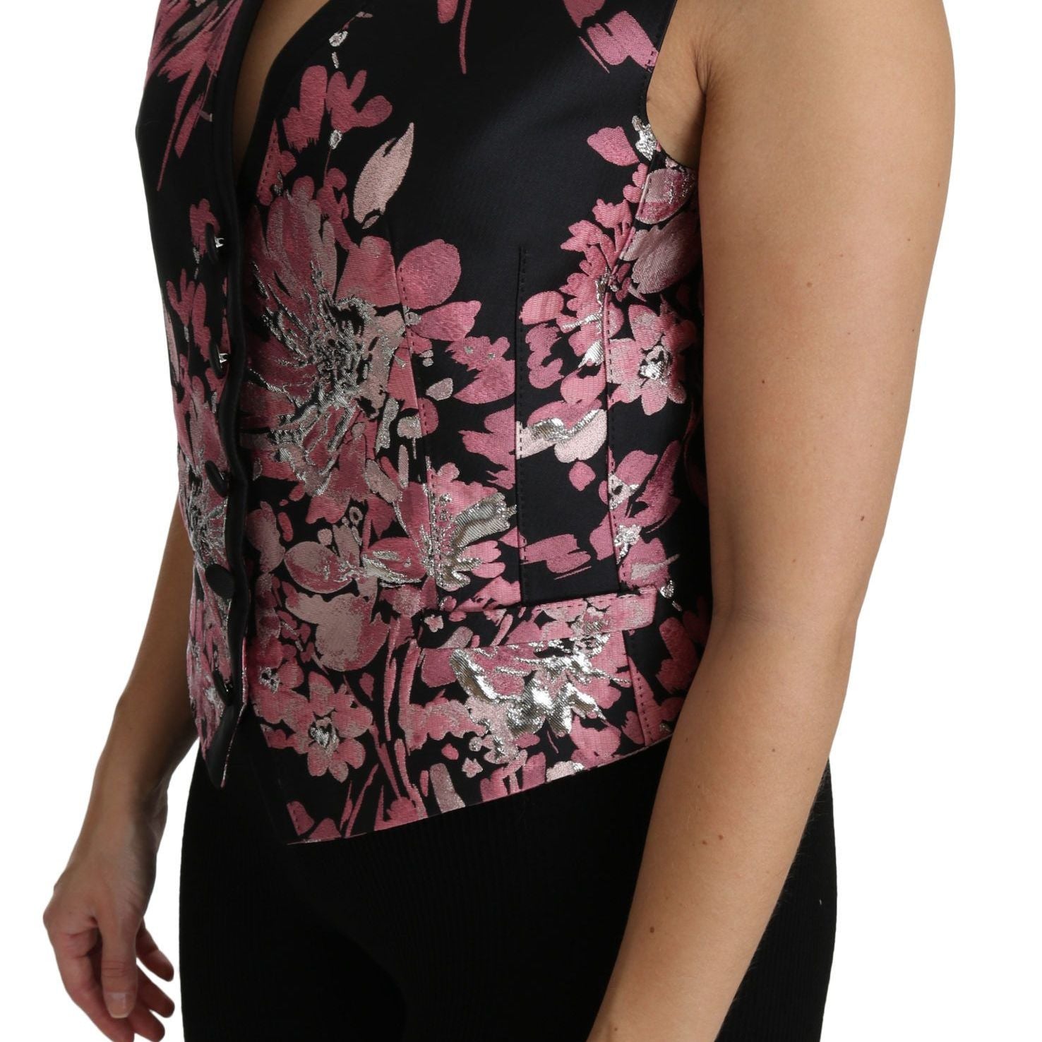 Dolce & Gabbana Black Pink Floral Waistcoat Vest Blouse Top