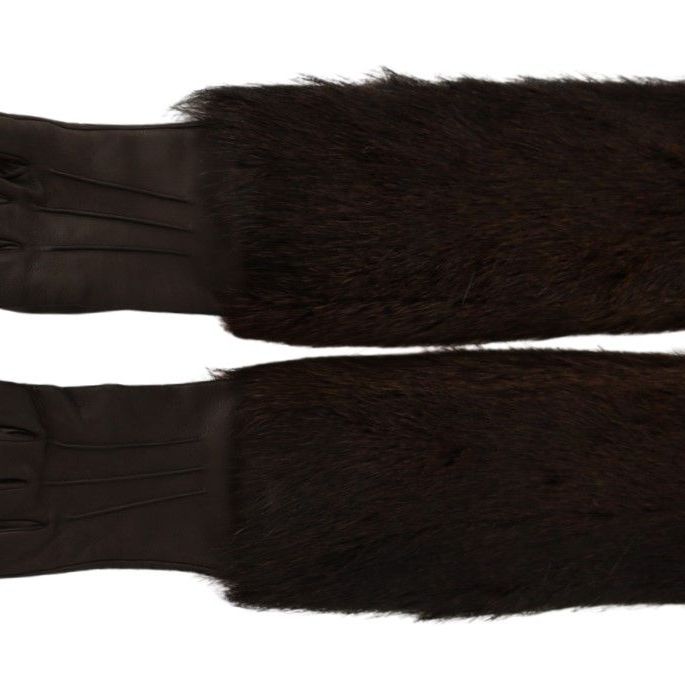 Dolce & Gabbana Brown Elbow Length Mittens Leather Fur Gloves