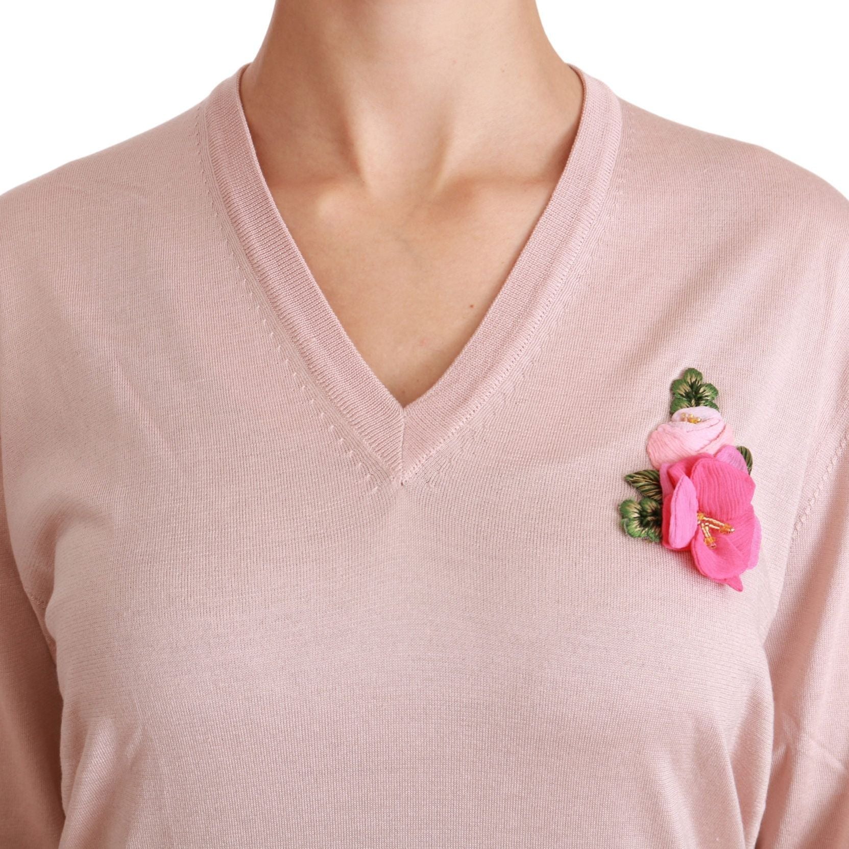 Dolce & Gabbana Pink Floral Embellished Pullover Silk Sweater